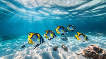 A group of colorful Moorish idols swims in the clear, blue sea with white sand on the bottom and rocks floating on top.  close-up of colorful fish in the ocean.