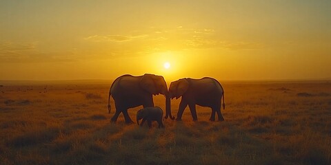 Fototapeta premium Elephants at sunset in savanna