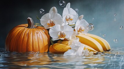 Still life of pumpkin, bananas, and orchids floating in water with bubbles.
