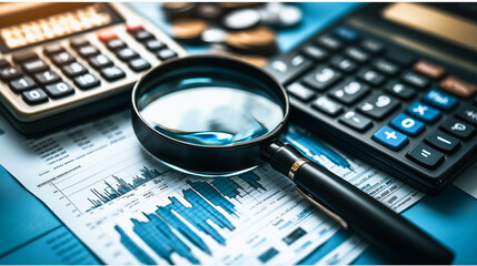 Magnifying the Details: A magnifying glass rests on financial documents, surrounded by calculators and coins, signifying the meticulous nature of accounting and financial analysis.  