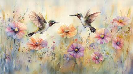 Two hummingbirds hover over colorful flowers in a serene, dreamy landscape, capturing the beauty of nature and its vibrant colors.