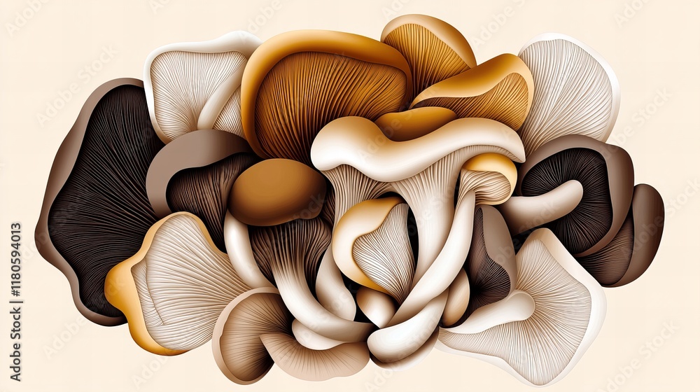 Poster a cluster of mushrooms in various shades of brown and beige, creating a visually appealing compositi