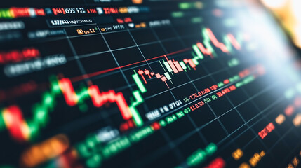 Stock Market Fluctuations: A close-up shot of a computer screen displaying a dynamic stock market chart with red and green lines representing fluctuating prices.