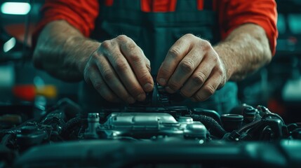 Hands performing engine maintenance auto repair shop close-up image industrial environment skilled work mechanic expertise