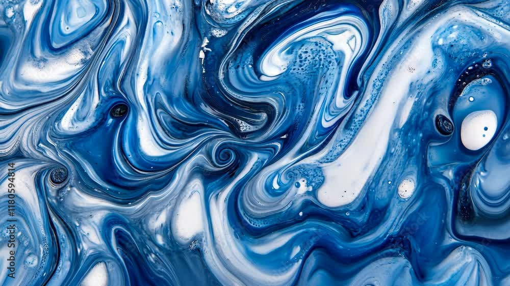 Poster swirling blue and white abstract artwork showcasing fluid dynamics and color interaction in creative