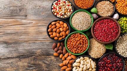 Exploring varieties of nuts and seeds in rustic bowls culinary setting natural light from above healthy eating concept