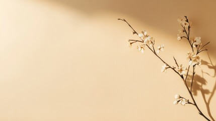 Beige background, blossom branch, sunlight, shadow, spring