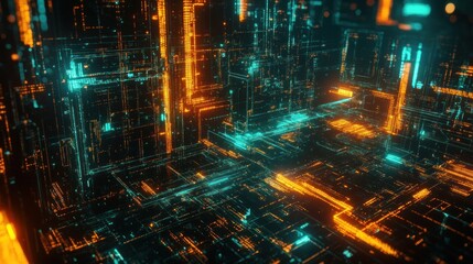 Fototapeta premium Neon Cityscape: A Futuristic Metropolis of Light and Data Streams