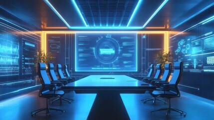 Futuristic conference room with holographic displays and glowing lights.