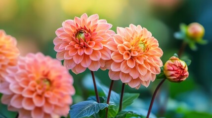 Peach Dahlias in a Garden: A Close-Up View of Stunning Flowers