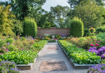 Obraz premium Lush Colorful Garden Pathway Surrounded by Blooming Flowers and Verdant Foliage in a Tranquil Outdoor Setting with Brick Wall Background