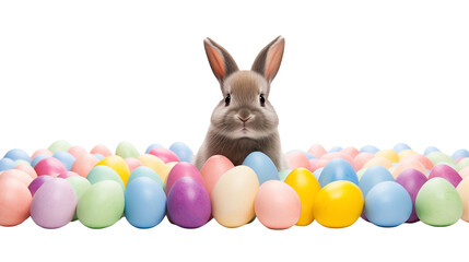 A cute Easter bunny surrounded by colorful eggs on a transparent background