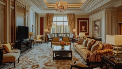 Fototapeta premium Luxury Suite with City View and Elegant Furnishings