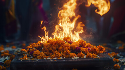Burning Marigold Flowers in Fire Ritual, Spiritual Ceremony in India, Sacred Tradition and Cultural Blessings, Celebrating Ancient Rituals and Spiritual Peace, Ai generated images