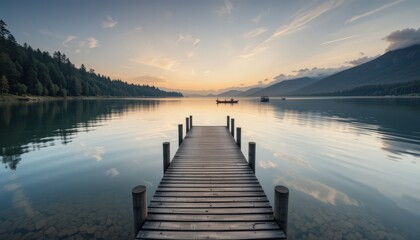 Obraz premium Tranquil Sunrise Over a Misty Lake with Wooden Dock