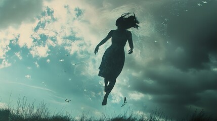 Dreamlike Woman Floating in Water and Sky