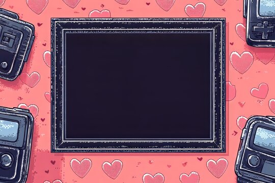 Colorful gaming-themed flat lay with a blank frame and heart motifs.