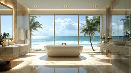 Fototapeta premium Relaxing bath with ocean view beachside bathroom modern design