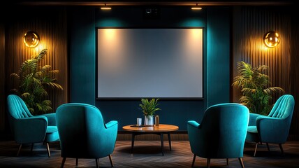 Modern lounge area with movie screen and chairs.