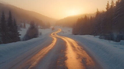 Fototapeta premium Winding snowy road at sunset in mountain valley.