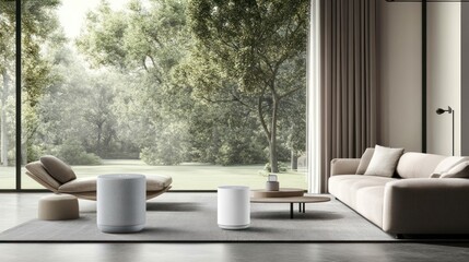 Smart home speaker system with voice control and high-quality audio, blending into a modern living room 