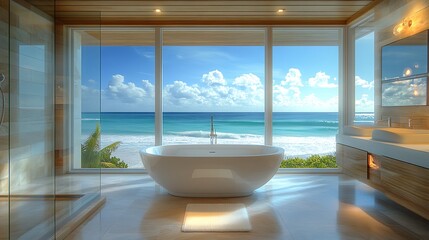 Fototapeta premium Relaxing spa retreat beachfront bathroom interior design coastal view