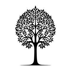 Fototapeta premium Stylized Tree Silhouette, Round Shape.Abstract Tree Vector, Black and White.Tree of Life Symbol, Minimalist Art.Black Tree Silhouette, White Background.Tree Icon, Decorative Design Element