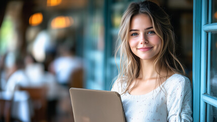 Fototapeta premium Confident and Connected: A young woman with a warm smile, radiating confidence as she holds her laptop, captured in a relaxed and inviting setting.