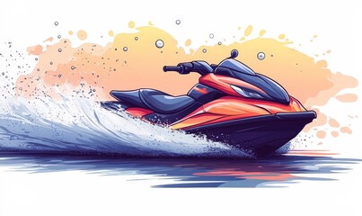 Orange jet ski speeding across water, splashing.