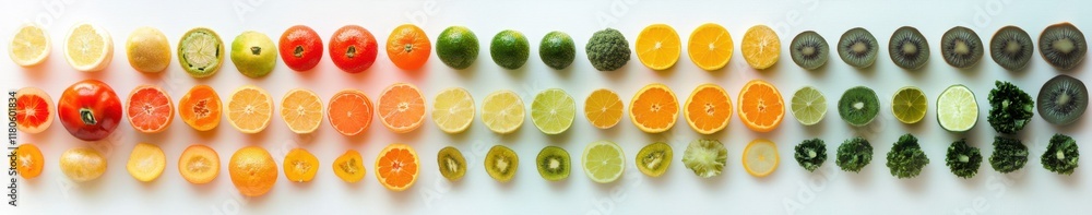 Aufkleber vibrant display of sliced fruits and vegetables arranged in colorful gradient vertical line showcasi