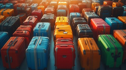 Fototapeta premium Travelers organizing colorful luggage at airport terminal evening