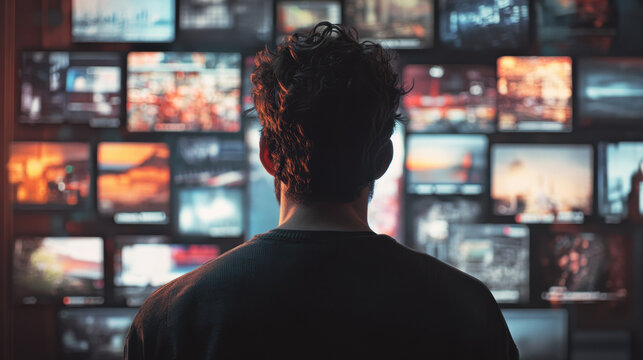 image depicts person observing multiple screens displaying various visuals, creating sense of intrigue and contemplation about technology and media