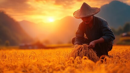 Fototapeta premium Farmer harvests rice at sunset.