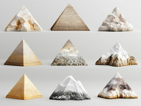 9 ic&ocirc;nes de pyramides en 3D sur fond gris