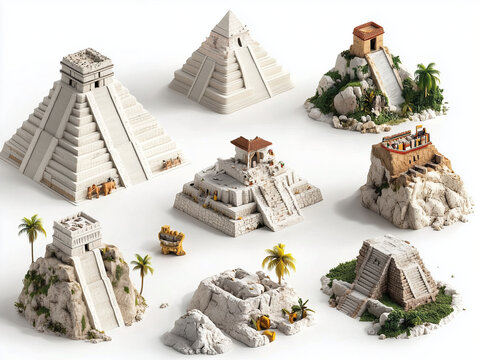 8 ic&ocirc;nes de pyramides Inca en 3D sur fond blanc