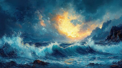 Fototapeta premium Dramatic ocean waves crashing against rocks at sunset.