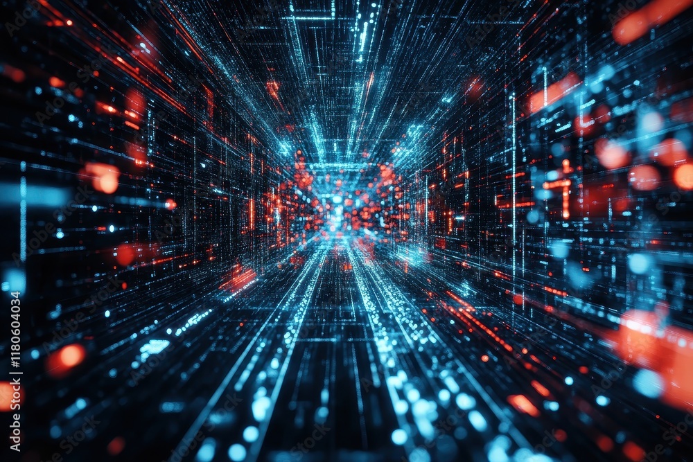 Poster abstract digital tunnel with red and blue lights. illustrates data flow, digital transformation, or 
