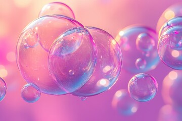 Colorful Soap Bubbles Floating Against a Soft Pink and Purple Background with Sparkling Light Reflections