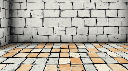 Fototapeta premium Warm golden glow, overhead bird’s eye view of a futuristic sci-fi scene. Canvas texture background with an Islamic pattern on a vintage floor of gray-brown, rusty, worn patchwork tiles