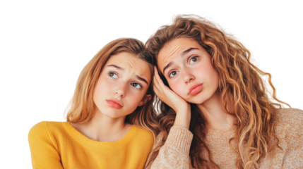 two women thinking isolated on white background