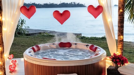 Valentine's Day Romantic Hot Tub Surrounded by Floating Hearts Creating a Cozy and Intimate Atmosphere for Relaxation and Connection in a Tranquil Setting Relaxation