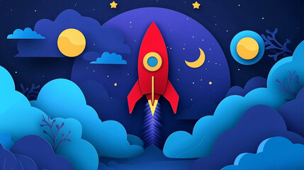 Night sky and red rocket in paper cut style. A vibrant red rocket ascends against a beautiful blue landscape under a starry sky, perfect for children's decor or space-themed projects.