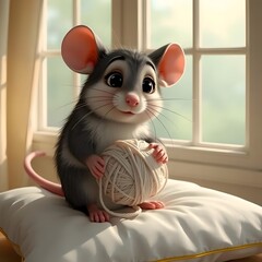 Obraz premium An animated, cartoon-style mouse holding a ball of yarn, seated comfortably on top of a pillow, sitting at a window with soft light coming through.