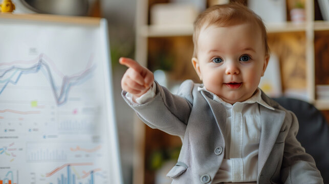 Charming baby wearing formal suit pointing at financial chart during business presentation