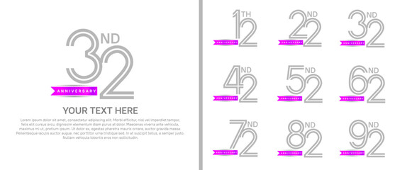 logo anniversary set. grey color with purple ribbon on white background for special event