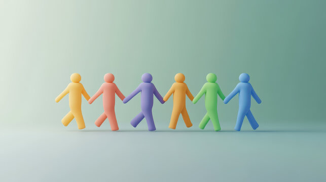 Colorful figures holding hands symbolize teamwork and unity
