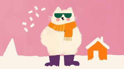 Fototapeta premium Cute and Fluffy Cat Wearing Trendy Polarized Sunglasses Relaxing in a Cozy Cabin Surrounded by Snowy Mountain Landscape