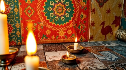 Overhead bird’s-eye view of a warm golden glow on a canvas texture background with an Islamic pattern, vintage gray-brown rusty patchwork tiles, and a stone concrete cement wall. Radiant, luxurious