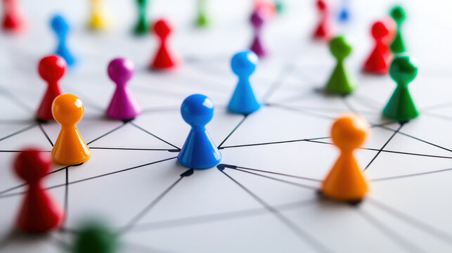 Networking connections represented by colorful game pieces on board, symbolizing collaboration and interaction. vibrant colors enhance visual appeal and convey sense of community