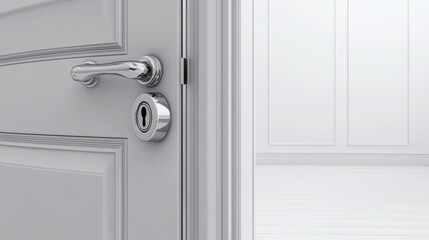 Fototapeta premium close up view of modern door with shiny deadbolt lock, showcasing its sleek design and smooth handle. minimalist interior is bright and inviting